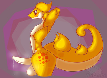 anthro balls bodily_fluids cum erection foreskin freckles genital_fluids genitals leaking_cum leaking_precum looking_at_viewer male musk musky_balls musky_penis nude penis precum raised_arm side_view simple_background smile smiling_at_viewer solo spikes spikes_(anatomy) tail yellow_body lucardo_cruz lucardo gecko lizard reptile scalie