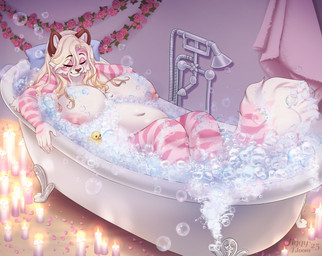 5_fingers anthro areola bath bathtub big_breasts blonde_hair breasts bubble candle claw_foot_bathtub eyebrow_through_hair eyebrows eyelashes eyes_closed female fingers fur hair huge_breasts long_hair multicolored_body multicolored_fur multicolored_tail navel nipples nude overweight overweight_anthro overweight_female pillow pink_areola pink_body pink_fur pink_nipples pink_tail relaxing rubber_duck solo striped_body striped_fur stripes tail text translucent translucent_hair water wet white_body white_fur white_tail tiggybloom marzipan_(tiggybloom) felid mammal pantherine tiger 2023 artist_name