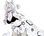 accessory anthro big_breasts big_tail black_bra black_clothing black_panties black_underwear blush bottomwear bottomwear_down bow_ribbon bra braided_hair breasts brush cleavage clothed clothing female fur grey_hair hair hair_accessory hair_over_eye hair_ribbon hairbrush hands_behind_back holding_brush holding_hairbrush holding_object inner_ear_fluff long_hair markings messy_hair mouth_hold panties pants pants_down partially_clothed pink_ribbon ribbons simple_background single_braid solo spots spotted_body spotted_fur tail tuft underwear white_background white_body white_fur raccoattack canid canine canis domestic_dog mammal digital_drawing_(artwork) digital_media_(artwork)