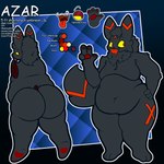 4_fingers abstract_background anthro bedroom_eyes belly belly_overhang big_belly big_butt black_body black_fur black_hair black_nose blep bodily_fluids bubble_butt butt closed_smile color_swatch deep_navel drooling eyebrows featureless_chest feet fingers fur hair hand_on_hip height looking_at_viewer looking_back looking_back_at_viewer male medium_hair moobs mouth_closed multicolored_body multicolored_fur narrowed_eyes navel open_mouth open_smile outline overweight overweight_anthro overweight_male pawpads red_body red_eyes red_fur red_pawpads red_tongue ruff saliva seductive smile snout stated_bisexuality stated_sexuality tail text thick_thighs toes tongue tongue_out white_outline redvelvetcake64 nintendo pokemon azar_(redvelvetcake64) eeveelution generation_2_pokemon mammal pokemon_(species) umbreon 2025 aliasing binary_drawing digital_drawing_(artwork) digital_media_(artwork) english_text hi_res model_sheet multiple_images