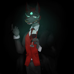 3_eyes anthro black_tie_(suit) blue_eyes clothing container cup dark dark_body dark_skin drinking_glass ear_piercing elegant eye_mist facial_piercing fangs fur glass glass_container glass_cup glowing glowing_eyes gold_(metal) gold_tooth green_eyes grey_body hair looking_down male multi_eye nails necktie nose_piercing nose_ring piercing pupils red_hair red_necktie ring_piercing septum_piercing septum_ring simple_background smile smiling_at_viewer solo suit teeth wine_glass adlerokonma mythology canid canid_demon canine canis demon hellhound mammal monster mythological_canine mythological_creature 1:1 2022 absurd_res dark_theme digital_media_(artwork) digital_painting_(artwork) half-length_portrait hi_res painting_(artwork) portrait shaded