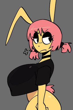anthro big_breasts black_clothing black_crop_top black_shirt black_topwear bottomless bottomless_anthro bottomless_female breasts clothed clothing crop_top female female_anthro grey_background hair huge_breasts mouth_closed narrowed_eyes pink_hair pink_tail shirt simple_background solo tail topwear yellow_body yellow_ears xarop77 sugar_(xarop77) lagomorph leporid mammal rabbit 2025 digital_drawing_(artwork) digital_media_(artwork)
