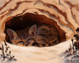 black_stripes curled_up desert eyes_closed feral fur quadruped sand sleeping solo stripes tan_body tan_fur alexpahomov felid feline felis mammal sand_cat 2022 5:4 digital_media_(artwork) digital_painting_(artwork) painting_(artwork) shaded