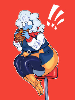 anthro belt blue_body blue_clothing blue_skin boots bottomwear clothing eating exclamation_point female food footwear hair holding_food holding_object latex latex_clothing latex_leggings latex_legwear leggings legwear looking_at_viewer overweight overweight_female pancake pattern_bottomwear pattern_clothing pattern_skirt red_background shoes simple_background sitting sitting_on_stool skirt solo striped_bottomwear striped_clothing striped_skirt stripes surprised thick_thighs white_hair yanisp5 deltarune undertale_(series) elnina_(deltarune) bovid caprine darkner elemental_creature mammal sheep 2025 hi_res