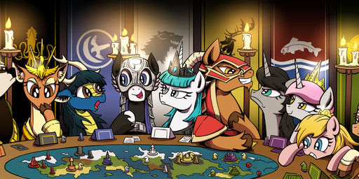 banner blue_eyes board_game brown_eyes candle candlelight candlestick clothing costume crown female feral flag furniture gaming gold_(metal) grey_eyes group headdress headgear horn jewelry light male map pendant smile table tiara yellow_eyes lovelyneckbeard game_of_thrones hasbro my_little_pony mythology risk_(game) fan_character antelope bovid deer dragon equid equine gazelle mammal mythological_creature mythological_equine mythological_scalie scalie unicorn 2014 absurd_res hi_res