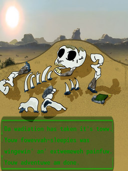 alternate_universe ambiguous_gender bone corpse death desert feral pip-boy sand skeleton solo sun text forgot fallout fallout_equestria fluffy_pony hasbro microsoft my_little_pony fluffy_pony_(species) mammal 3:4 absurd_res english_text hi_res translated