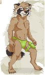 bulge clothing detailed_bulge fangs green_clothing green_speedo green_swimwear leg_pouch looking_at_viewer male mostly_nude shirtless solo speedo swimwear teeth underwear whiskers kcee guardians_of_the_galaxy marvel rocket_raccoon mammal procyonid raccoon