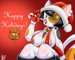 anthro big_breasts bimbo_lips bodily_fluids breasts christmas_candy christmas_clothing clothing ear_piercing female holidays markings mole_(marking) mole_on_breast nipples piercing pose saliva solo sucking gomezcat christmas katy_cali calico_cat domestic_cat felid feline felis mammal 5:4 pinup