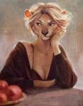absurd_res anthro breasts cleavage clothed clothing felid female food fruit furniture hair head_on_hand hi_res hriscia lion mammal pantherine peach_(fruit) plant plate solo table whiskers