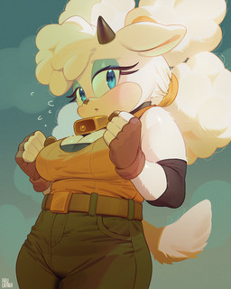 anthro bell bell_collar belt blue_eyes blush blush_lines bodily_fluids bottomwear breasts cleavage clothed clothing collar eyelashes female fingerless_gloves flying_sweatdrops fur glistening gloves handwear horn looking_at_viewer low-angle_view nervous nervous_sweat pants shirt solo sweat sweatdrop topwear white_body white_fur aruurara idw_publishing sega sonic_the_hedgehog_(comics) sonic_the_hedgehog_(idw) sonic_the_hedgehog_(series) lanolin_the_sheep_(sonic) bovid caprine mammal sheep 2025 absurd_res hi_res