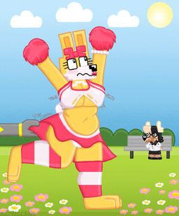 accessory anthro bench big_breasts bottomwear bouncing_breasts bow_accessory bow_ribbon bracelet breasts cheerleader cheerleader_outfit clothed clothing clothing_lift duo embarrassed exposed_breasts eyelashes eyewear female flower fur gem glasses hair_accessory hair_bow hair_ribbon hand_reaching jewelry looking_away pearl_(gem) pink_clothing plant pom_poms raised_bottomwear raised_clothing raised_skirt reaching ribbons shocked shrub skirt skirt_lift sound_effects square_(anatomy) thick_thighs torn_clothing tugging tugging_clothing underwear wardrobe_malfunction yellow_body yellow_fur zoyeensadart kipp_(zoyeensadart) molly_(zoyeensadart) deer lagomorph leporid mammal rabbit hi_res