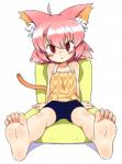 5_toes ahoge barefoot blush bottomwear clothed clothing feet female foot_focus hair humanoid_feet inner_ear_fluff pink_hair plantigrade red_eyes shorts simple_background sitting soles solo spandex spandex_shorts tight_bottomwear tight_clothing tight_shorts toes tuft white_background young oyatsu eroneko-san animal_humanoid cat_humanoid felid felid_humanoid feline feline_humanoid humanoid mammal mammal_humanoid 2012