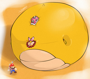anthro belly big_belly clothing duo female hat headgear headwear huge_belly hyper hyper_belly inflation liquid_inflation male simple_background spherical_inflation water_inflation yellow_body secretstarroom mario_bros nintendo super_mario_sunshine f.l.u.d.d. koopaling mario wendy_o._koopa human koopa mammal scalie 2022 absurd_res hi_res