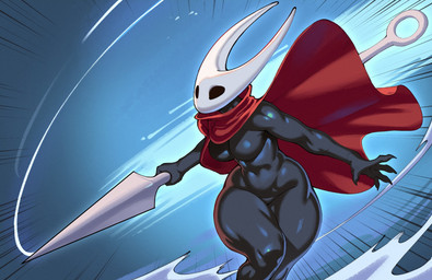 black_body black_eyes breasts cloak clothing featureless_breasts featureless_crotch female glistening glistening_body glistening_breasts melee_weapon red_cloak red_clothing solo thick_thighs weapon wide_hips nocturne_(artist) hollow_knight_(franchise) team_cherry hornet_(hollow_knight) arthropod humanoid insect 2025 hi_res