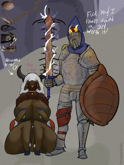 anthro armor barely_visible_genitalia brown_body curvy_figure duo facial_piercing female genitals hair magic male melee_weapon nipple_piercing nipples nose_piercing nude piercing shell sitting standing sword text turtle_shell weapon white_hair rockpankake elden_ring fromsoftware torrent_(elden_ring) equid human mammal 2026 3:4 digital_media_(artwork) english_text hi_res