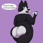 anthro big_butt biped black_body black_nose butt dialogue male overweight simple_background soap soap_bar solo speech_bubble text white_body colossalstars dogs_in_space atlas_(dogs_in_space) canid canine canis domestic_dog mammal 1:1 2021 absurd_res english_text hi_res