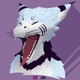 ambiguous_gender anthro black_body black_feathers black_fur blue_body blue_feathers blue_fur canine_teeth eyes_closed feathers front_view fur gaping_mouth markings open_mouth purple_background simple_background solo striped_ears striped_markings stripes teeth_showing tongue tongue_out whisker_spots whiskers white_body white_fur yawn tiena tiena_(character) feather_maned_dragon 1:1 2026 bust_portrait digital_media_(artwork) low_res portrait shaded signature