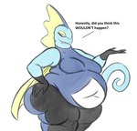 anthro belly big_belly blue_body breasts female obese obese_anthro obese_female overweight overweight_anthro overweight_female simple_background solo text thick_thighs wide_hips mizz-britt nintendo pokemon generation_8_pokemon inteleon pokemon_(species) reptile scalie 2019 digital_media_(artwork) english_text hi_res