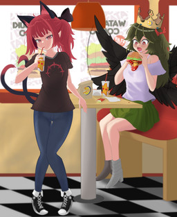 2_tails 4_ears accessory black_clothing black_shirt black_topwear black_wings bottomwear bow_ribbon brand_parody breasts burger burger_king_crown checkered checkered_floor clothing container cup denim denim_bottomwear denim_clothing disposable_cup drinking_straw duo feathered_wings feathers female flapping_wings food fries gesture green_bottomwear green_clothing green_hair green_skirt hair hair_accessory hair_bow hair_ribbon holding_burger holding_container holding_cup holding_food holding_object humanoid_pointy_ears jeans knock-kneed motion_lines multi_ear multi_tail pants pointy_ears red_hair restaurant ribbons shirt sitting skirt small_breasts standing tail tail_gesture tail_heart topwear white_clothing white_shirt white_topwear wide_eyed wings just_hatto asian_mythology burger_king east_asian_mythology japanese_mythology mythology touhou rin_kaenbyou utsuho_reiuji animal_humanoid avian avian_humanoid cat_humanoid felid felid_humanoid feline feline_humanoid humanoid mammal mammal_humanoid nekomata winged_humanoid yokai 2022 absurd_res hi_res