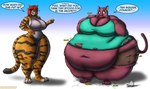 anthro belly big_belly big_breasts bottomwear breasts clothing cracked_floor deep_navel dress duo female flask fur huge_belly huge_breasts morbidly_obese morbidly_obese_anthro morbidly_obese_female navel obese obese_anthro obese_female overweight overweight_anthro overweight_female potion rumbling_stomach shirt shorts speech_bubble striped_body striped_fur stripes text topwear torn_bottomwear torn_clothing torn_shirt torn_shorts torn_topwear weight_gain viroveteruscy urmi_(starknight321) domestic_cat felid feline felis mammal pantherine tiger 2021 absurd_res english_text hi_res