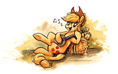 banjo_(instrument) blonde_hair clothing cowboy_hat cutie_mark female feral freckles green_eyes hair happy hat hay hay_bale headgear headwear looking_at_viewer mostly_nude music musical_instrument musical_note musical_symbol playing_music plucked_string_instrument simple_background sitting solo string_instrument symbol white_background kenket sophiecabra friendship_is_magic hasbro my_little_pony applejack_(mlp) earth_pony equid equine horse mammal pony 2014 mixed_media painting_(artwork) pen_(artwork) restricted_palette traditional_media_(artwork) traditional_painting_(artwork) traditional_watercolor_(artwork) watercolor_(artwork)