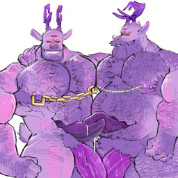 3_eyes anthro antlers balls belly belly_mouth chain clone duo facial_hair french_kissing genitals hairy horn kissing long_tongue male male/male multi_eye muscular muscular_male nipple_piercing nipples nude nude_male overweight penis piercing purple_body purple_nipples purple_penis red_eyes selfcest short_tail square_crossover standing tail teeth_showing tongue tolox asmodai_(asmodai) deer demon humanoid mammal 1:1