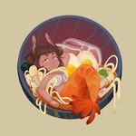 anthro circle dish female food heterochromia looking_pleasured ramen_noodles simple_background solo split_form toony dragon_well ych_(character) arthropod crustacean food_creature marine shrimp 1:1 digital_media_(artwork) hi_res