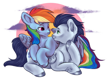duo female feral happy male male/female midnight_bats sky skyscape sun wings ariamidnighters friendship_is_magic hasbro my_little_pony mythology rainbow_dash_(mlp) soarin_(mlp) wonderbolts_(mlp) equid equine horse mammal mythological_creature mythological_equine pegasus pony