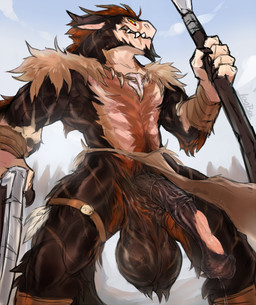 animal_genitalia animal_penis anthro ball_tuft balls big_balls biped black_penis bodily_fluids bottomwear bottomwear_aside brown_balls brown_body brown_fur brown_hair clothing clothing_aside equine_genitalia equine_penis erection flared_penis fur genital_fluids genitals hair ineffective_clothing ineffective_loincloth jewelry loincloth loincloth_aside low-angle_view male melee_weapon muscular muscular_male necklace penis pink_penis polearm precum saggy_balls solo spear tan_body tan_fur tribal tuft weapon white_body white_fur yellow_eyes laobai mythology bai_(laobai) dragon felkin furred_dragon furred_scalie mammal mythological_creature mythological_scalie scalie absurd_res hi_res