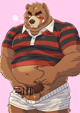 anthro balls blush bottomwear brown_body clothing erection genitals kemono male musclegut muscular overweight overweight_male penis pubes rugby rugby_ball rugby_uniform shirt shorts simple_background solo topwear ryuta-h bear mammal 2026 censored hi_res
