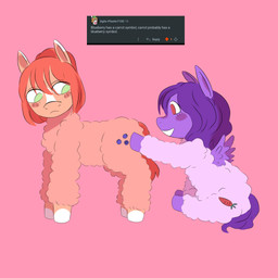 ambiguous_feral ambiguous_gender blush blush_stickers cutie_mark duo feral frown fur green_eyes hair hooves looking_at_butt looking_back open_mouth pink_background pink_body pink_fur purple_hair purple_hooves purple_tail purple_wings quadruped red_body red_eyes red_fur red_hair side_view simple_background sitting smile standing tail text white_hooves wings young young_ambiguous young_feral insomniac_bessan fluffy_pony hasbro my_little_pony reddit fluffy_pony_(species) mammal 1:1 2025 absurd_res digital_media_(artwork) english_description english_text hi_res shaded