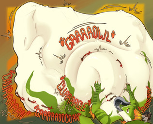 anthro belly big_belly bodily_fluids body_outline digestion digestion_noises duo feathers female feral green_body gynomorph head_first huge_belly intersex intersex/female lying motion_lines neck_bulge on_back onomatopoeia open_mouth oral_vore orange_eyes predator/prey rumbling_stomach saliva saliva_string satisfied satisfied_look scales simple_background size_difference smaller_pred sound_effects squish struggling struggling_prey swallowing tail tail_in_mouth text vore weight_gain noctiribean mythology peridot_(mal.) dinosaur dragon dromaeosaurid mythological_creature mythological_scalie prehistoric_species reptile saurischian scalie theropod hi_res