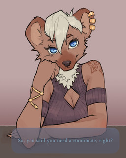 anthro arm_markings blue_eyes bracelet breasts brown_body brown_fur cleavage_cutout clothed clothing cutout dialogue ear_piercing ear_ring eyelashes facial_markings female female_anthro fingers fur hair head_markings jewelry long_eyelashes looking_at_viewer markings mask_(marking) muzzle_(marking) neck_tuft piercing purple_clothing purple_sweater purple_topwear ring_piercing short_hair shoulder_markings simple_background sitting sleeveless_sweater solo sweater talking_to_viewer text topwear tuft white_hair manustuff hyena mammal 2024 colored digital_media_(artwork) english_text half-length_portrait hi_res portrait