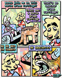 4_panel_comic aloha_shirt anthro bow_tie breaking_the_fourth_wall brown_body brown_fur brown_hair carriage cheek_spots clothing dialogue dot_eyes eraser erasing feral fur hair male overalls pattern_clothing pattern_shirt pattern_topwear shirt simple_eyes smile smirk smug smug_face smug_grin teeth text tooth_gap topwear white_body white_fur wide_eyed yellow_body yellow_fur rawdawgcomics bingus_(rawdawgcomics) stahli_(rawdawgcomics) bird_dog canid canine canis domestic_dog equid equine golden_retriever horse hunting_dog lagomorph leporid mammal rabbit retriever 4:5 comic english_text hi_res
