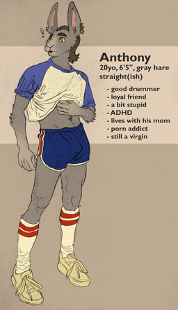 anthro athletic_wear bottomwear brown_hair bulge clothed clothed_anthro clothed_male clothing clothing_lift ear_piercing ear_ring footwear fully_clothed fully_clothed_anthro fully_clothed_male fur grey_body grey_fur gym_bottomwear gym_shorts hair male male_anthro male_virgin midriff navel piercing ring_piercing rolled_up_sleeves shirt shirt_lift shoes shorts simple_background socks solo stated_adult stated_age stated_heterosexuality stated_sexuality stated_virginity text topwear lilrooster hare lagomorph leporid mammal absurd_res english_text hi_res model_sheet