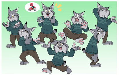 anthro claws clothing fur grey_body grey_fur male motorcycle multiple_poses pawpads paws pose simple_background solo speech_bubble sweater topwear tuft vehicle whiskers kabula_(artist) disney zootopia pawbert_lynxley canada_lynx felid feline lynx mammal hi_res