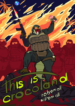ambiguous_gender anthro armor blood bodily_fluids breasts cock_and_ball_torture female genital_mutilation genital_torture genitals group humanoid_genitalia humanoid_penis mutilation penis severed_body_part severed_genitals severed_penis tail smolevn guy_randoms sgt._bertha_gator crocodile crocodilian human mammal reptile scalie comic cover hi_res