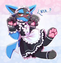 alternative_fashion ambiguous_gender anthro biped blush claws clothed clothed_ambiguous clothed_anthro clothing feet fingers fur goth gothic_lolita j-fashion lolita_(fashion) looking_at_viewer maid_uniform paws simple_background solo tail toes uniform bloominglynx nintendo pokemon generation_4_pokemon lucario pokemon_(species) 2026 absurd_res digital_drawing_(artwork) digital_media_(artwork) hi_res