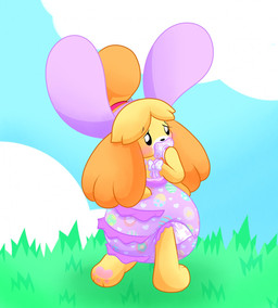 accessory anthro black_eyes bow_ribbon bunny_costume bunny_headband clothing costume diaper diapersuit female frilly frilly_diaper fur grass hair_accessory hair_tie long_ears object_in_mouth pacifier pacifier_in_mouth pawpads plant solo white_body white_fur yellow_body yellow_fur sir-dancalot animal_crossing nintendo isabelle_(animal_crossing) canid canine canis domestic_dog mammal shih_tzu toy_dog hi_res