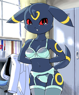 anthro anthrofied biped black_body black_ears black_eyes black_fur black_nose black_tail blue_bra blue_clothing blue_lingerie blue_panties blue_underwear bra breasts clothed clothing detailed_background discarded_clothing ears_down facial_markings female fur garter_belt garter_straps head_markings inside iris legwear lingerie locker looking_at_viewer markings multicolored_ears multicolored_tail navel panties pivoted_ears pokemorph pupils red_pupils red_sclera small_nose solo standing stockings tail tail_markings two_tone_ears two_tone_tail underwear undressing window yellow_body yellow_ears yellow_fur yellow_markings yellow_tail g-sun nintendo pokemon eeveelution generation_2_pokemon pokemon_(species) umbreon 5:6 digital_media_(artwork) oekaki