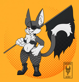 anthro black_flag boots bra clenched_teeth clothing eye_patch eyewear fangs female fishnet_clothing fishnet_leggings fishnet_legwear flag flag_(object) footwear fur hand_on_hip holding_flag holding_object inner_ear_fluff leggings legwear looking_at_viewer navel notched_ear panties raised_tail shoes smile smiling_at_viewer solo standing tail teeth tuft underwear awoogasm domestic_cat felid feline felis mammal 2020 hi_res signature
