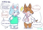 anthro blue_body blue_fur blush bottomless brown_body brown_fur clothed clothing dialogue dress duo female fur header male male/female multicolored_body multicolored_fur open_mouth simple_background speech_bubble standing surprise text text_header white_background white_body white_fur cocolog animal_crossing nintendo chief_(animal_crossing) skye_(animal_crossing) canid canine canis mammal wolf english_text signature