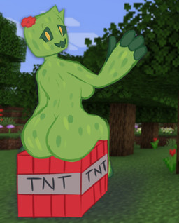 big_breasts big_butt breasts butt eyelashes female flower_on_head green_body green_sclera looking_at_viewer looking_back looking_back_at_viewer open_mouth open_smile sitting smile solo thick_thighs wide_hips yellow_eyes lycafruit microsoft minecraft mojang xbox_game_studios creeper_(minecraft) creeper_humanoid humanoid absurd_res hi_res