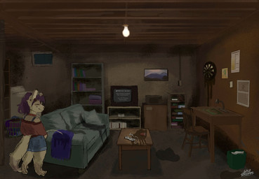 appliance basement bedding blanket bodily_fluids book bookshelf box cabinet chair clothing container controller cup dartboard desk electronics female furniture game_controller genital_fluids inside lamp laundry_basket laundry_machine light_bulb looking_away painting_(object) peeing picture_frame piss_destruction sofa solo table television trash_can urine urine_stream washing_machine window wild_strokes hi_res