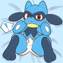 anthro blue_body blush bodily_fluids briefs briefs_only bulge clothed clothing cute_fangs facial_markings fangs head_markings kemono looking_at_viewer lying male markings mask_(marking) on_back open_mouth paws red_eyes solo sweat teeth topless underwear underwear_only young young_male mujimuji1010 nintendo pokemon generation_4_pokemon pokemon_(species) riolu 1:1 absurd_res colored digital_drawing_(artwork) digital_media_(artwork) hi_res shaded