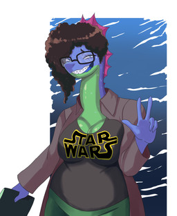 anthro big_breasts black_hair blue_body blue_scales braces breasts clothed clothed_female clothing curly_hair eyewear female front_view fully_clothed fully_clothed_female glasses green_body green_scales hair long_neck looking_at_viewer nerd non-mammal_breasts scales shirt slightly_chubby slightly_chubby_anthro slightly_chubby_female solo teeth topwear puffycrow star_wars dinosaur prehistoric_species reptile scalie absurd_res hi_res