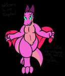 anthro claws cloth dialogue female flat_chested genitals horn looking_at_viewer nude pink_body presenting pussy simple_background smile solo tail teal_eyes teeth text thick_tail thick_thighs transparent_background wide_hips trout_(artist) spaffy kobold reptile scalie 2018 aliasing alpha_channel digital_media_(artwork) english_text