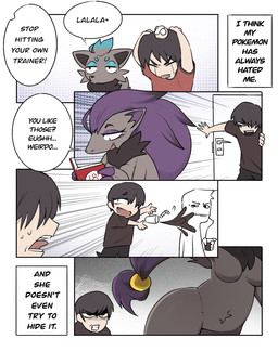 anthro biped black_body black_fur blue_body blue_fur breasts claws clothed clothing dialogue featureless_breasts female fur group hair male medium_breasts multicolored_body multicolored_fur purple_body purple_fur smile standing teeth text text_box tongue trio svkhaiminh nintendo pokemon generation_5_pokemon human mammal pokemon_(species) shiny_pokemon zoroark zorua comic english_text hi_res