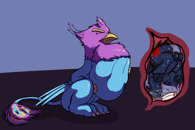 avian_feet beak blue_body crop_(anatomy) cutaway cutie_mark duo eyes_closed feathered_crest feathered_wings feathers female female_prey feral feral_pred feral_prey fully_inside head_crest internal male male_pred oral_vore paws pink_body quadruped same_size_vore tail tail_tuft tuft vore wings doesnotexist gyrotech hasbro my_little_pony mythology gyro_feather avian bat_pony bird equid galliform gryphon mammal mythological_avian mythological_creature peafowl phasianid 3:2 digital_media_(artwork) hi_res