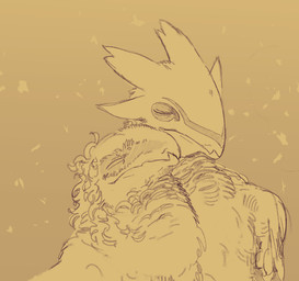 anthro beak cuddling curly_feathers duo eyes_closed feathers fluffy male male/male snow snowing aniriteron malcom_(aniriteron) ron_(aniriteron) arvinian avian torrvyrn(arvinian) sketch
